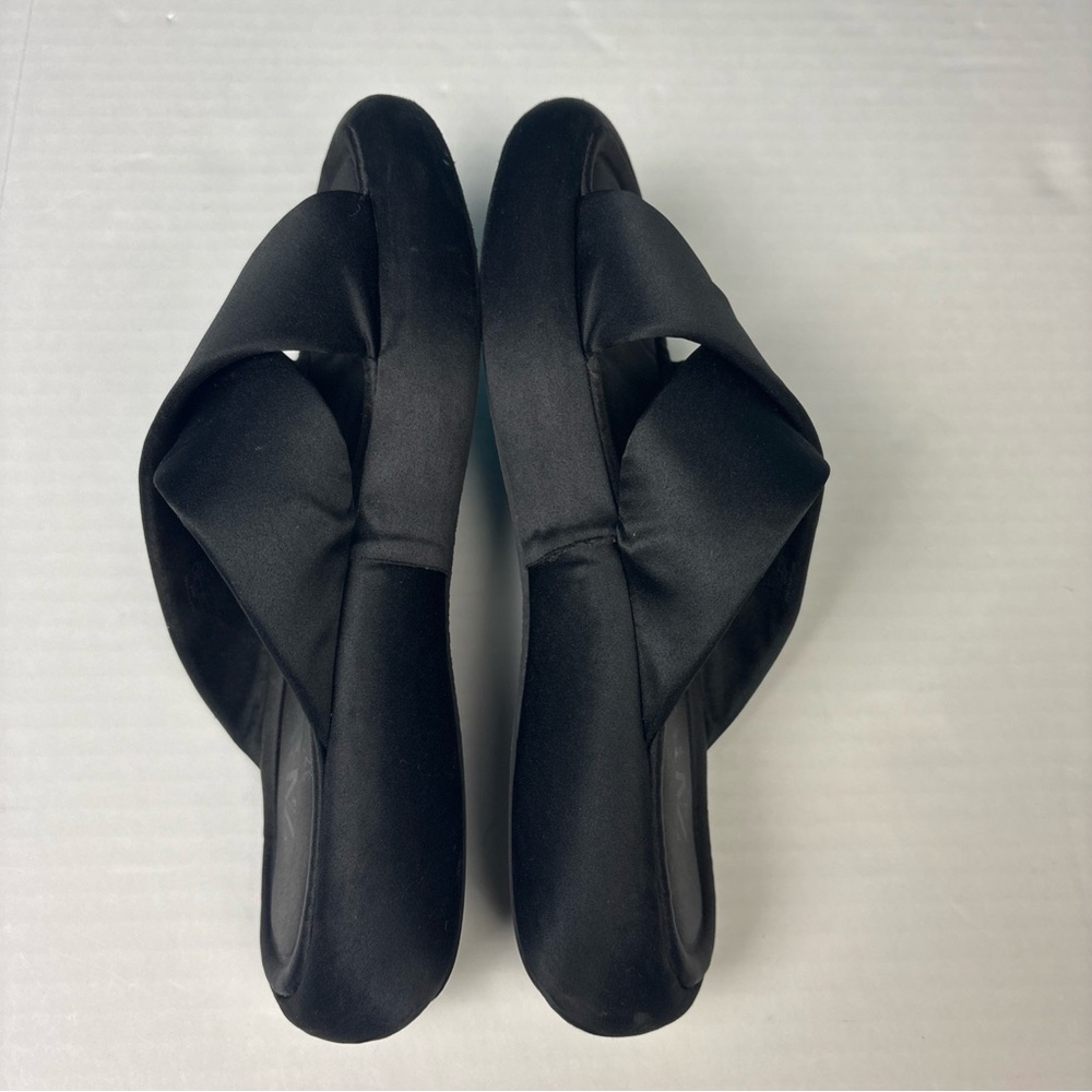 Zara Women Size 37 Slides Sandals Flat Fabric Black Satin Wide Crossed Strap - Picture 3 of 8